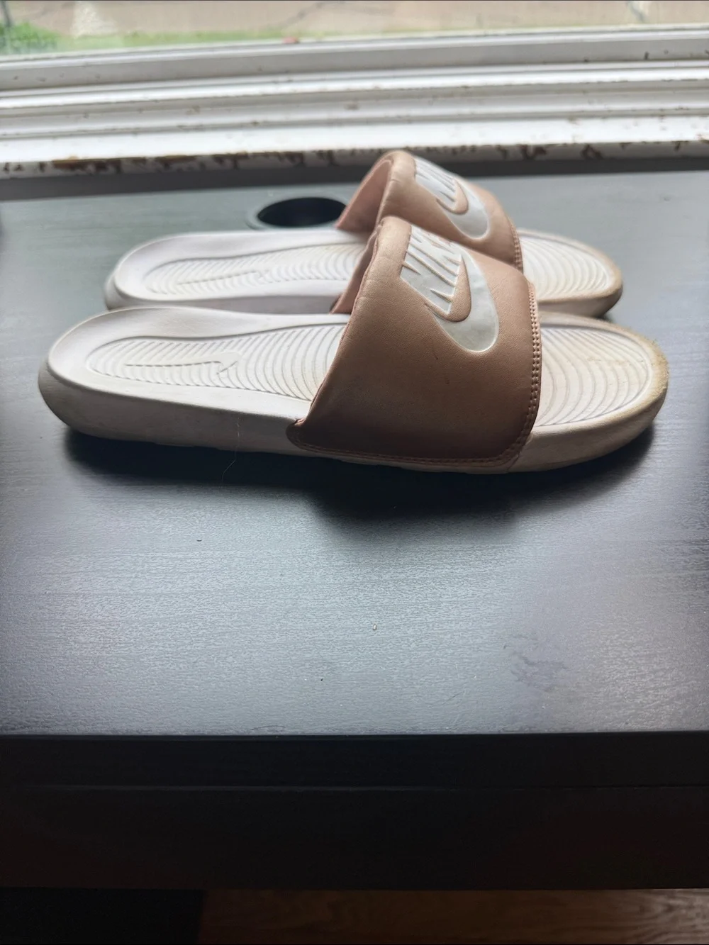 Nike Slides in Metallic Rose Gold and White
